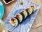 Japanese roll futomaki with soy sauces