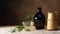 Japanese sake still life with a sprig of bamboo, light linen background, Asian ceremony