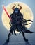 Japanese samurai silhouette over moon, fantasy warrior with flaming sword in dark armor. Asian fighter, dangerous ninja battle