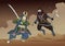 Japanese Samurai Warrior fighting with Ninja on dusty sandy background. Vector illustration. Flat style.