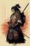 Japanese samurai warrior. Mighty ninja with swords. Cool poster of asian fighter with katana