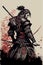 Japanese samurai warrior. Mighty ninja with swords. Cool poster of asian fighter with katana