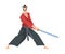 Japanese Samurai Wearing Red Karate Suit and Holding Katana Vector Illustration