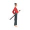 Japanese Samurai Wearing Red Karate Suit and Holding Katana Vector Illustration