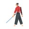 Japanese Samurai Wearing Red Karate Suit and Holding Katana Vector Illustration