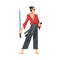 Japanese Samurai Wearing Red Karate Suit and Holding Katana Vector Illustration