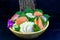 Japanese seafood set consisting of salmon fillet,