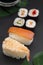 Japanese seafood sushi set on black background isolated