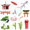 Japanese set of national objects. Illustration in a flat style, icons of home, pagoda, bamboo, bonsai, torii and koi carps