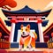 Japanese Shiba Inu dog walking in front of chinese temple. Vector illustration AI Generated