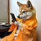 Japanese shibu inu dog in traditional costume looking in phone