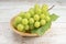 Japanese Shine Muscat Grape in basket  on wooden Background, Sweet Green grape on wooden background.