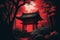 Japanese shrine in deep forest, red light shines all around With Generative AI