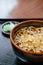 Japanese soba noodle in ceramic bowl with tempura