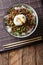 Japanese spicy beef Soboro with egg benedict, rice and green onion close-up. Vertical top view