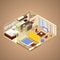 Japanese Style Apartment Interior Design with Kitchen, Bedroom and Bathroom. Isometric flat illustration