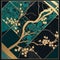 Japanese style Art Deco mosaic seamless pattern. Turquoise black gold colors modern textured background. Tree, blossom sakura