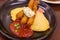 Japanese style fried rice omelet with deep fried shrimp