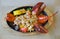 Japanese style lobster steak served on a hot pan with buttered  vegetables as a side dish. Top view