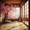 Japanese style room with cherry blossom and window view. Interior of an old living room. Concept of an ecological house. Interior