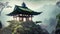 Japanese-style shrine on top of misty overgrown mountain