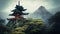 Japanese-style shrine on top of misty overgrown mountain