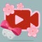 Japanese Style Vector Video Icon with Cherry Blossom Decoration in Blue Background