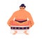 Japanese sumo wrestler in low squat stance. Japan sport. Asian fighter with hair bun wearing loincloth. Colored flat