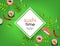 Japanese sushi banner with rolls, ebi nigiri, avocado and chili pepper isolated on gradient green background.