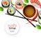 Japanese sushi banner with rolls and ebi nigiri with soy sauce and chopsticks.