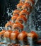 japanese sushi and chopsticks on a black background, in the style of explosive and chaotic, postmodernist collage, photo