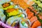 Japanese sushi food. Salmon, shrimp, herring, tuna, crab sticks...Various sushi cuisine: Urakami, maki, nigiri, masago