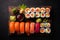 Japanese sushi foods, Maki, and rolls with tuna, salmon, shrimp Top shot Ai generated