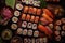 Japanese sushi foods, Maki, and rolls with tuna, salmon, shrimp Top shot Ai generated