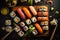 Japanese sushi foods, Maki, and rolls with tuna, salmon, shrimp Top shot Ai generated