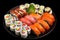 Japanese sushi foods, Maki, and rolls with tuna, salmon, shrimp Top shot Ai generated