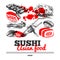 Japanese sushi menu background. Hand darwn sketch illustrations