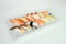 Japanese sushi nigiri of Salmon, Shrimp, Saba, Tako, Squid, Engawa on ceramic plate