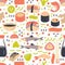 Japanese Sushi and Sashimi seamless pattern.