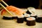 Japanese sushi. Tuna, sticks on bamboo napkin