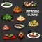 Japanese sushi, vegetable salads with meat, fish