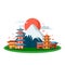 Japanese symbols. Vector cartoon illustration, isolated on white background. Tokyo pagoda buildings and Fuji mountain