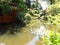 A Japanese Tea house at the edge of a sunlit lake