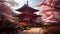 Japanese temple with cherry blossom in spring season, Tokyo, Japan. Generative AI