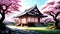 Japanese temple with cherry blossom in spring time 3d rendering illustration