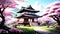 Japanese temple with cherry blossom in spring time 3d rendering illustration