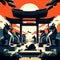 Japanese temple in the evening. Vector illustration in a flat style. AI Generated