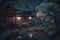 Japanese temple and garden at night, scenery of house by pond in spring, generative AI
