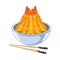 Japanese tempura shrimp, fried shrimp in a bowl with chopsticks. Asian seafood. Illustration