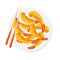 Japanese tempura shrimp, fried shrimp in a plate with chopsticks. Asian seafood. Illustration